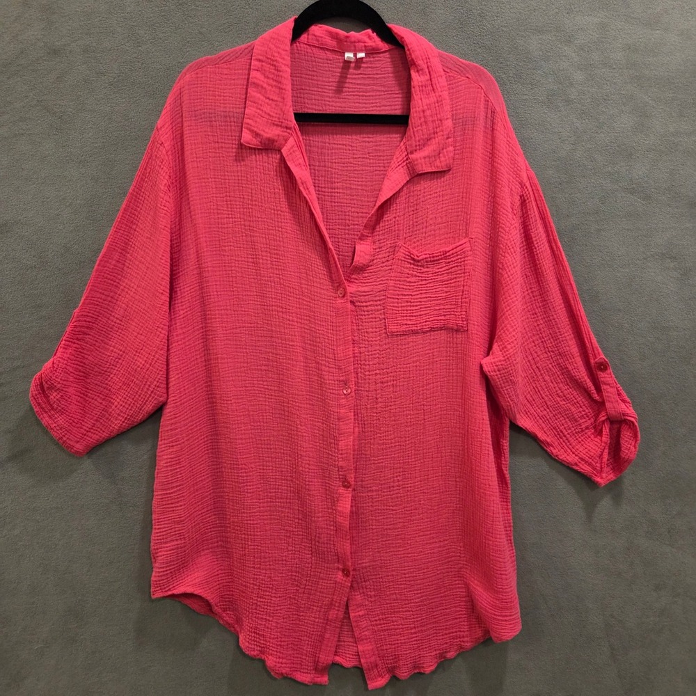 Tahiti Cotton Gauze Roll Tab Sleeve Button Up Shirt Women's 1X Coastal Beach